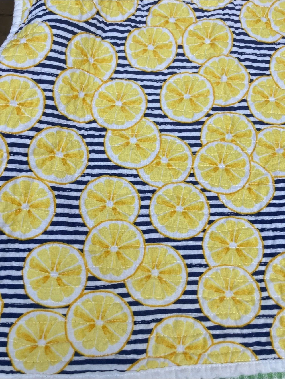 Lemon and stripes back or picnic blanket handmade quilt 38 x 30 sturdy thick